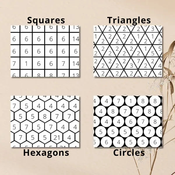 Four distinct geometric coloring grids for mosaic art: squares, triangles, hexagons, and circles.