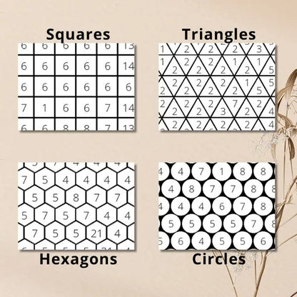 Four distinct geometric coloring grids for mosaic art: squares, triangles, hexagons, and circles.