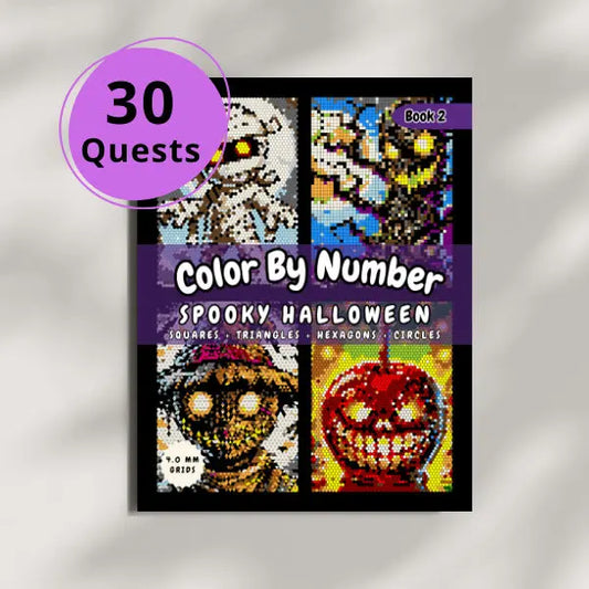 Front cover of a "Spooky Halloween Color By Number" print book, featuring 30 quests. The cover displays completed geometric art designs of a spooky tree creature, a smiling jack-o-lantern, a scarecrow, and a pumpkin creature, highlighting 4.0mm grids with squares, triangles, hexagons, and circles for printable fun.