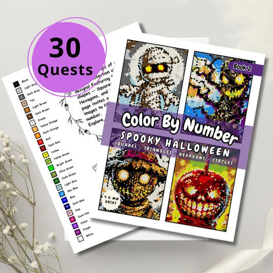 Close-up of the cover of a "Halloween Color By Number" e-book with a purple circle indicating "30 Quests." The cover showcases four spooky Halloween-themed mosaics, including a pumpkin, a ghost, a witch's hat, and a haunted house, all created with squares, triangles, hexagons, and circles.