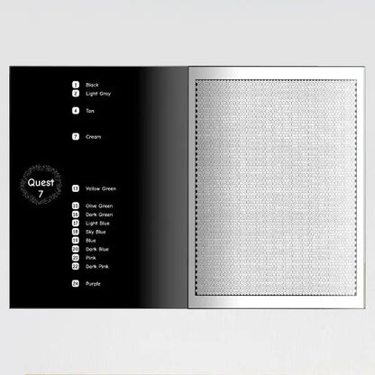 An open coloring book showing a color key with numbered colors on the left page and a blank grid for coloring on the right page.