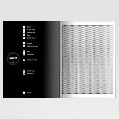 Blank hidden quest mystery mosaic coloring page, showing a complex hexagonal grid design on the right and a detailed numerical color chart on the left, listing colors from black to white with various intermediate shades for creative coloring.