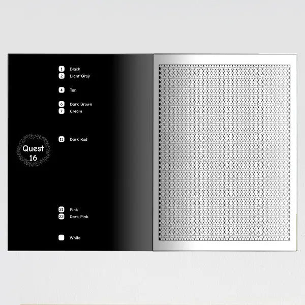 An open color by number mystery mosaic coloring book showing two interior pages. The left page is labeled "Quest 16" at the top and the right page features a large, intricate, uncolored mosaic pattern.