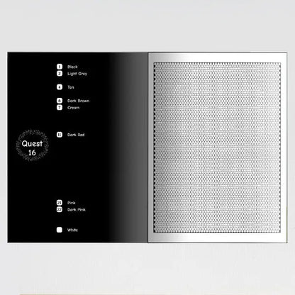 An open color by number mystery mosaic coloring book showing two interior pages. The left page is labeled "Quest 16" at the top and the right page features a large, intricate, uncolored mosaic pattern.