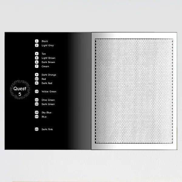 An open coloring book showing a color key with numbered colors on the left page, and a blank grid for coloring on the right page.