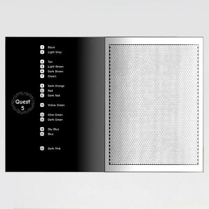 An open coloring book showing a color key with numbered colors on the left page, and a blank grid for coloring on the right page.