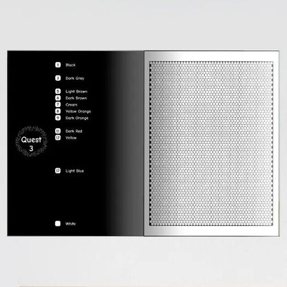 Blank hidden quest mystery mosaic coloring page, showing a complex hexagonal grid on the right ready for coloring, with a numerical color chart on the left listing black, various grays, light brown, dark brown, cream, yellow orange, dark orange, dark red, yellow, and light blue shades.