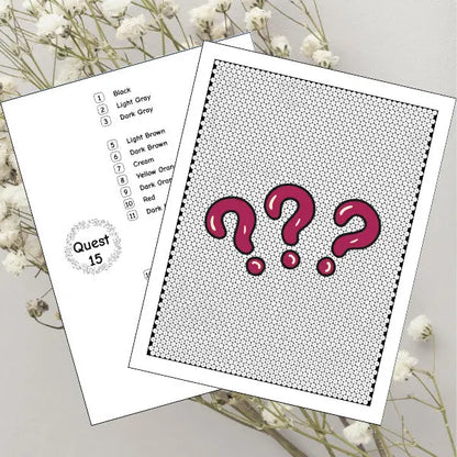 Unfinished 'Quest 15' mystery mosaic coloring page showing three prominent question marks on an hexagonal grid, awaiting color to reveal the hidden image. Includes a color guide.