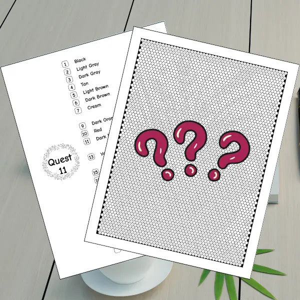A 'Quest 11' mystery mosaic coloring page featuring three dark red question marks against an uncolored hexagonal grid, with a partial color key showing black, light gray, dark gray, tan, light brown, dark brown, and cream.