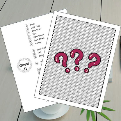A 'Quest 11' mystery mosaic coloring page featuring three dark red question marks against an uncolored hexagonal grid, with a partial color key showing black, light gray, dark gray, tan, light brown, dark brown, and cream.