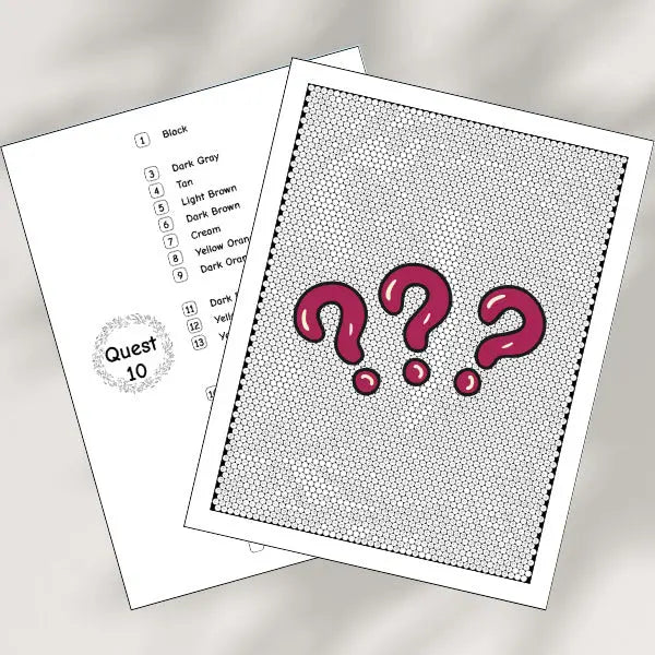 A 'Quest 10' mystery mosaic coloring page featuring an uncolored hexagonal grid and color palette page with full color key.