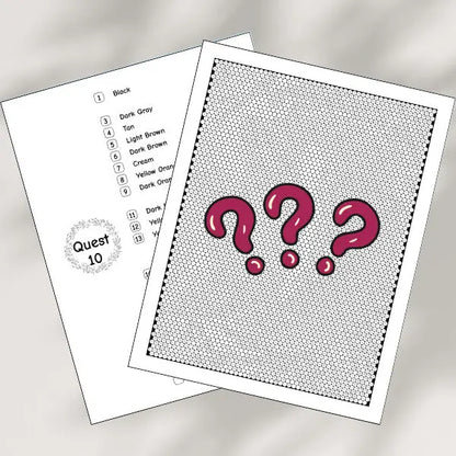 A 'Quest 10' mystery mosaic coloring page featuring an uncolored hexagonal grid and color palette page with full color key.