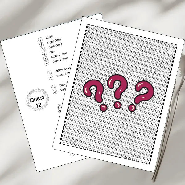 A 'Quest 12' mystery mosaic coloring page featuring three dark red question marks against an uncolored hexagonal grid, with a partial color key.