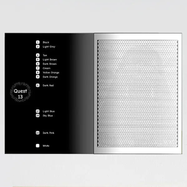 An open color by number mystery mosaic coloring book showing two interior pages. The left page is labeled "Quest 13" at the top and features a large, intricate, uncolored mosaic pattern.