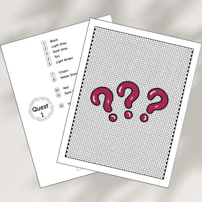 An open color by number mystery mosaic coloring book showing two interior pages. One page is labeled "Quest 1" and another page features a large, intricate, uncolored mosaic pattern.
