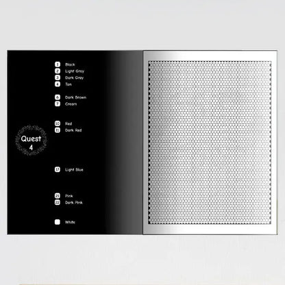 Blank hidden quest mystery mosaic coloring page, showing a complex hexagonal grid on the right ready for coloring, with a numerical color chart on the left listing black, light gray, dark gray, tan, dark brown, cream, red, dark red, light blue, pink, dark pink, and white shades.