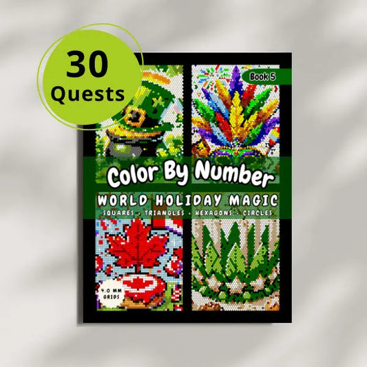 Front cover of a "Color By Number World Holiday Magic" book, featuring four colorful mosaic designs created with squares, triangles, hexagons, and circles, with a "30 Quests" green circle overlay.