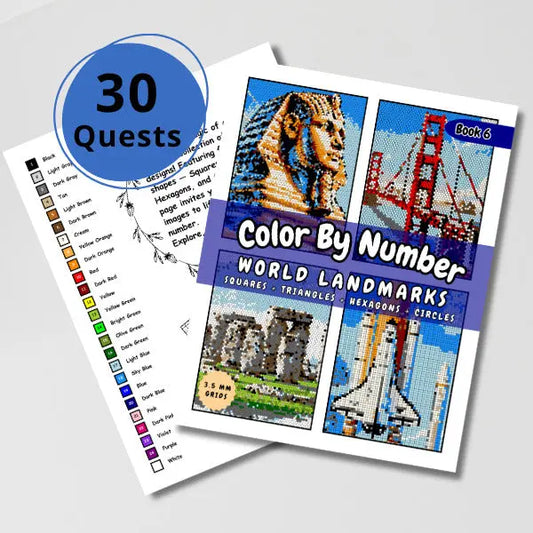 Front and back cover of a 'World Landmarks Mystery Mosaics Color By Number' color by number book featuring 30 unique designs with geometric shapes like squares, triangles, hexagons, and circles, along with a color key.