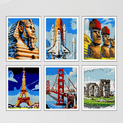 Six completed color by number images of world landmarks including the Sphinx, Space Shuttle, Easter Island heads, Eiffel Tower, Golden Gate Bridge, and Stonehenge, all rendered in pixelated style.