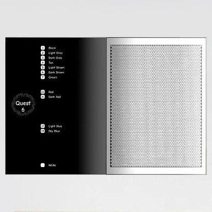 An open coloring book showing a color key with numbered colors on the left page and a blank grid for coloring on the right page.