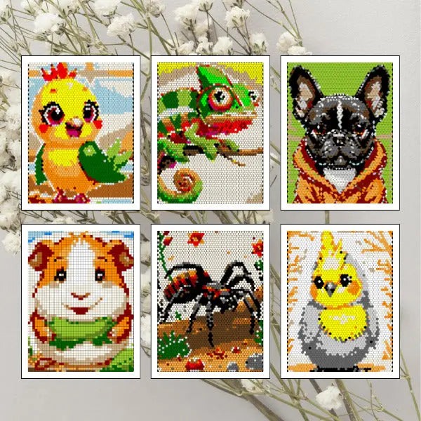 Set of six vibrant completed mosaic art prints featuring various pet animals in pixelated style: a chick, chameleon, French bulldog, guinea pig, tarantula, and cockatiel.
