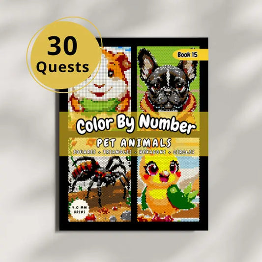 Close-up of the cover of a "Color By Number Pet Animals" book with a yellow circle indicating "30 Quests." The cover showcases four charming pet animal mosaics, including a guinea pig, a french bulldog, an arachnid, and a parrot, all created with squares, triangles, hexagons, and circles.