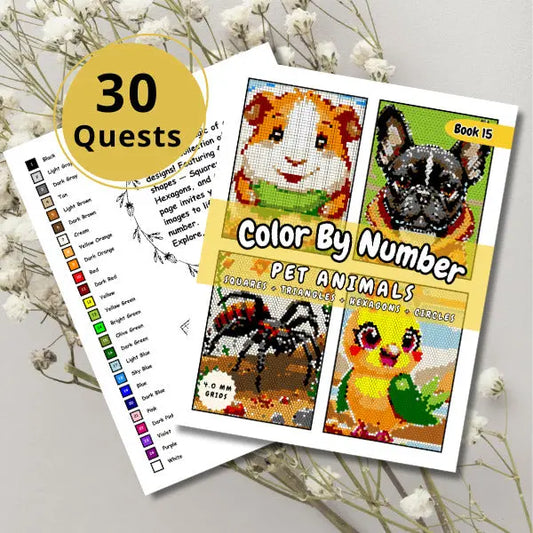 Cover of 'Pet Animals Color By Number' ebook with a '30 Quests' badge, showcasing sample completed geometric art images of a guinea pig, French bulldog, tarantula, and chick. Designed with squares, triangles, hexagons, and circles.