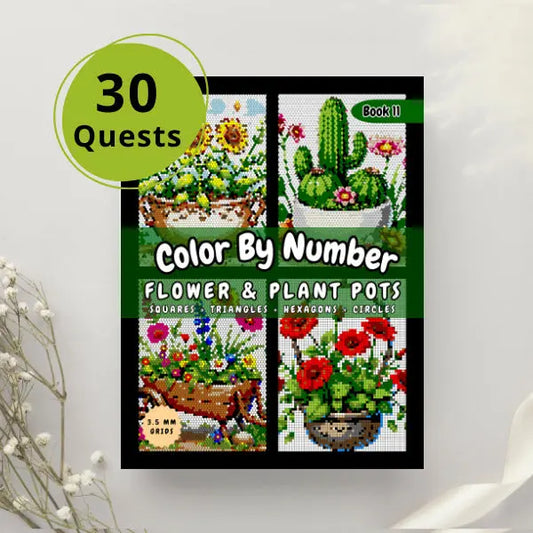 Close-up of the cover of a "Color By Number Flower & Plant Pots" book with a green circle indicating "30 Quests." The cover showcases four distinct potted plant and flower mosaics, created with squares, triangles, hexagons, and circles, alongside "Book 11" and "3.5 MM GRIDS" text.