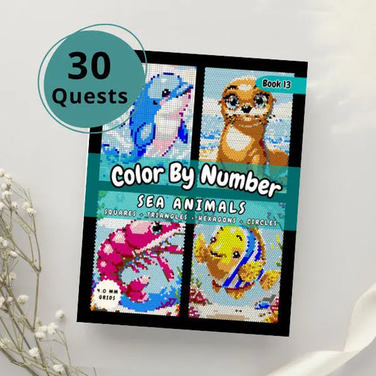 Close-up of the cover of a "Color By Number Sea Animals" book with a teal circle indicating "30 Quests." The cover showcases four charming sea animal mosaics, including a dolphin, a seal, a clownfish, and a shark, all created with squares, triangles, hexagons, and circles.