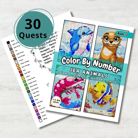 Sea Animals Color By Number ebook with 30 unique quests. Features geometric art designs of a dolphin, sea lion, shrimp, and tropical fish. Ideal for teens and adults who love ocean creatures and mosaic coloring.