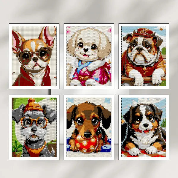 Six framed art prints of completed color by number dog designs, featuring a chihuahua, a jack russell terrier, a dachshund, a golden retriever, a pug, and a labrador, all created with mosaic patterns.