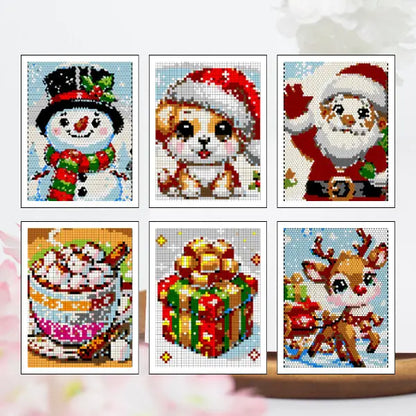 Six framed art prints of completed color by number Christmas designs, featuring Santa Claus, a reindeer, a snowman, a Christmas tree, a present, and a candy cane, all created with mosaic patterns.