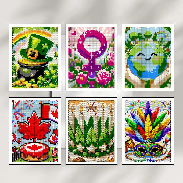Six completed color by number mosaic artworks in white frames, depicting various holiday themes including St. Patrick's Day, International Women's Day, Earth Day, Canada Day, Hanukkah, and Mardi Gras.