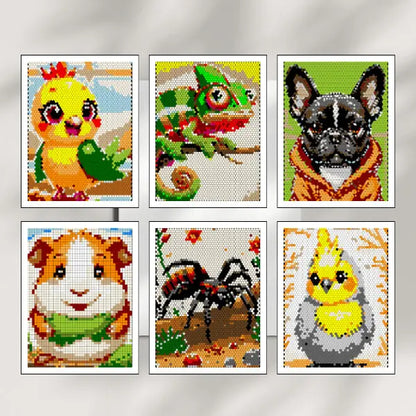 Six art prints of completed color by number pet animal designs, featuring a guinea pig, a spider, a cockatiel, a chick, a chameleon, and a french bulldog, all created with mosaic patterns.