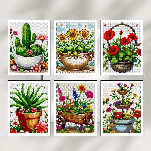 Six framed art prints of completed color by number designs from a "Flower & Plant Pots" collection, featuring various potted flowers and plants like a sunflower in a pot, a cactus arrangement, a vibrant flower basket, and a red poppy plant in a pot.