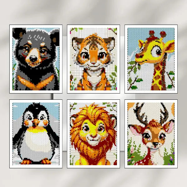 Six art pages of completed color by number wild animal designs, featuring a black bear, a tiger cub, a giraffe, a fox, an owl, and a zebra, all created with mosaic patterns.