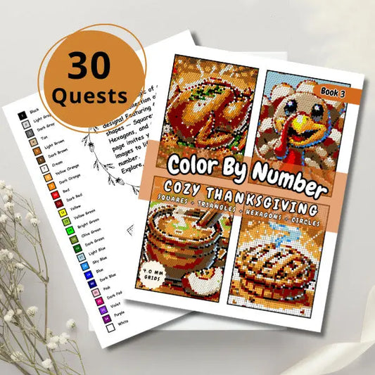 Close-up of the cover of a "Thanksgiving Color By Number" e-book with an orange circle indicating "30 Quests." The cover showcases four festive Thanksgiving-themed mosaics, including a pumpkin, a turkey, a cornucopia, and an autumn leaf, all created with squares, triangles, hexagons, and circles.