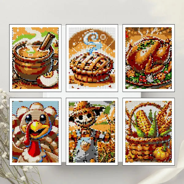 Six framed art prints of completed color by number Thanksgiving designs, featuring a roasted turkey, a pumpkin pie slice, a cornucopia, autumn leaves, a pilgrim hat, and a fall harvest basket, all created with mosaic patterns.