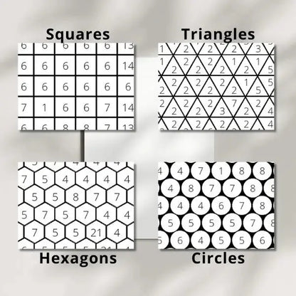 Four geometric grid patterns for coloring, including square, hexagonal, and circular mosaics.