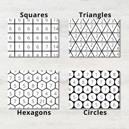 Four grid patterns labeled 'Squares', 'Triangles', 'Hexagons', and 'Circles' on a light gray background.