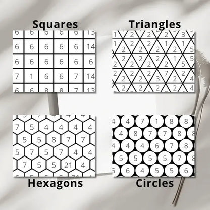 Four detailed examples of geometric coloring grids for mosaic art: squares, triangles, hexagons, and circles, each numbered for color by number activities. 