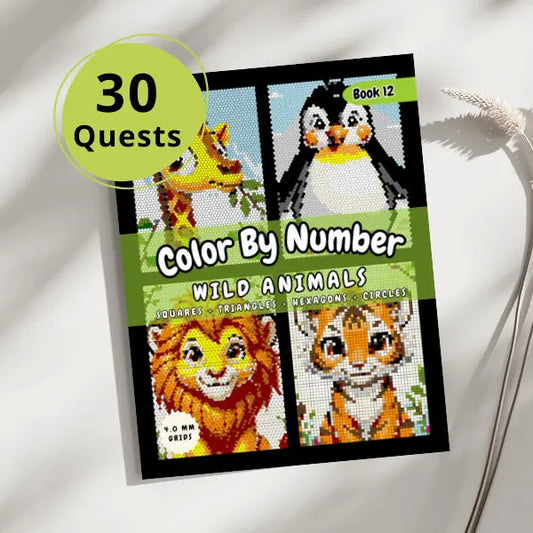 Close-up of the cover of a "Color By Number Wild Animals" book with a yellow circle indicating "30 Quests." The cover showcases four adorable animal mosaics, including a bear, a tiger, a giraffe, and a fox, all created with squares, triangles, hexagons, and circles.