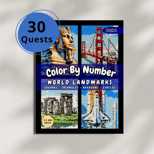 Front cover of a "Color By Number World Landmarks" book, featuring four colorful mosaic designs of the Sphinx, Golden Gate Bridge, Stonehenge, and Space Shuttle, with a "30 Quests" blue circle overlay.