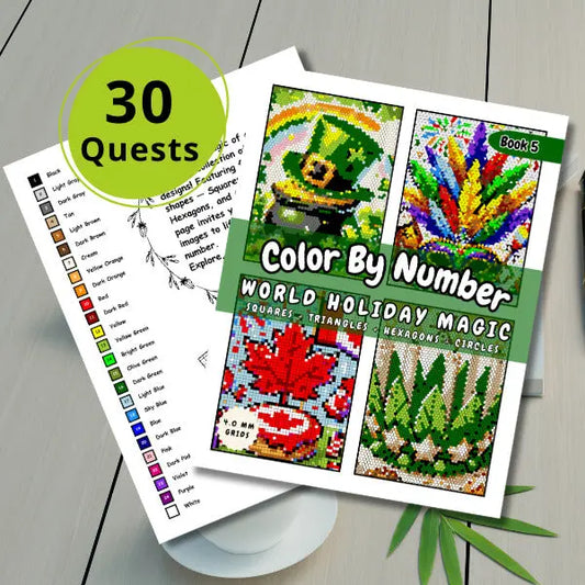 Close-up of the cover of a "World Holiday Color By Number" e-book with a purple circle indicating "30 Quests." The cover showcases four festive holiday-themed mosaics, including a Christmas stocking, a New Year's Eve firework, a Canada Day heart, and a St. Patrick's Day shamrock, all created with squares, triangles, hexagons, and circles.