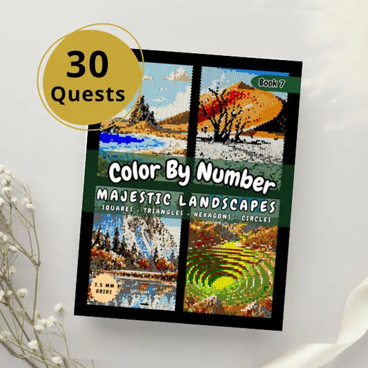 Front cover of a "Color By Number World Landscapes" book, featuring four colorful mosaic designs of the Sassusvlei Dunes, Yosemite National Park, Galapagos Islands, Sacred Valley, with a "30 Quests" blue circle overlay.